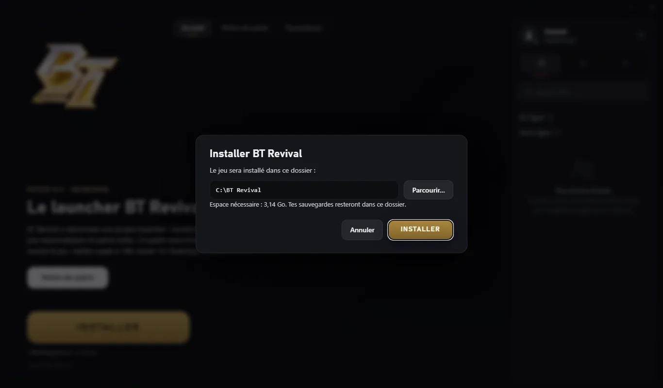 Le lanceur propose d'installer BT Revival dans C:\BT Revival